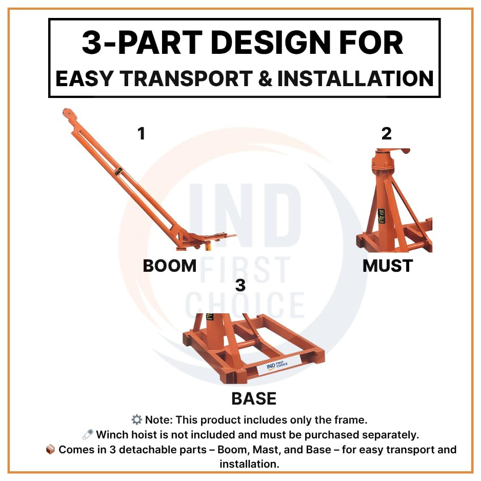 IND FIRST CHOICE Heavy Duty Mini Construction Crane | 55 Kg Frame | 3 HP Copper Motor | 7mm x 30m Wire Rope with Clutch Winch | 360° Rotating Boom | 500 Kg Load Capacity | Portable Construction Lift M