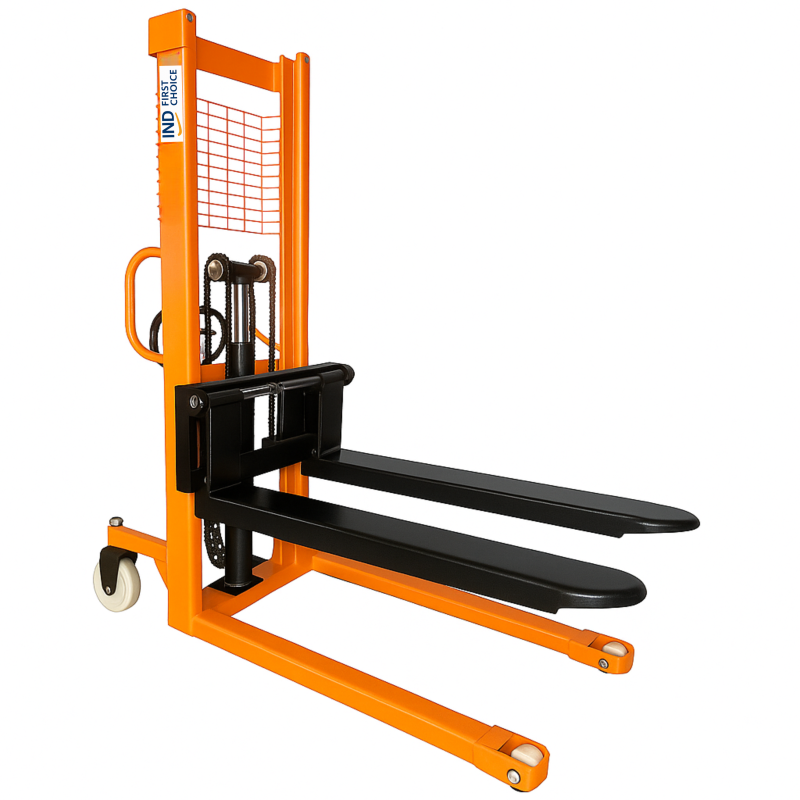 IND FIRST CHOICE Manual Hydraulic Stacker, 1 Ton Capacity, 1.6 Meter Lift, Steel Frame, Long Forks (900 × 650 mm), Protective Mesh, Nylon Wheels