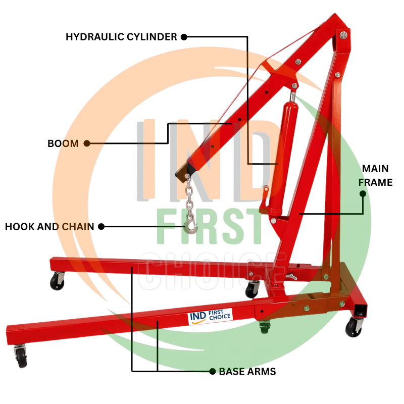 IND FIRST CHOICE Manual Hydraulic Floor Crane, 2 Ton Capacity, Mobile Workshop Engine Hoist with Swivel Wheels, Heavy-Duty Steel, 90 KG Weight