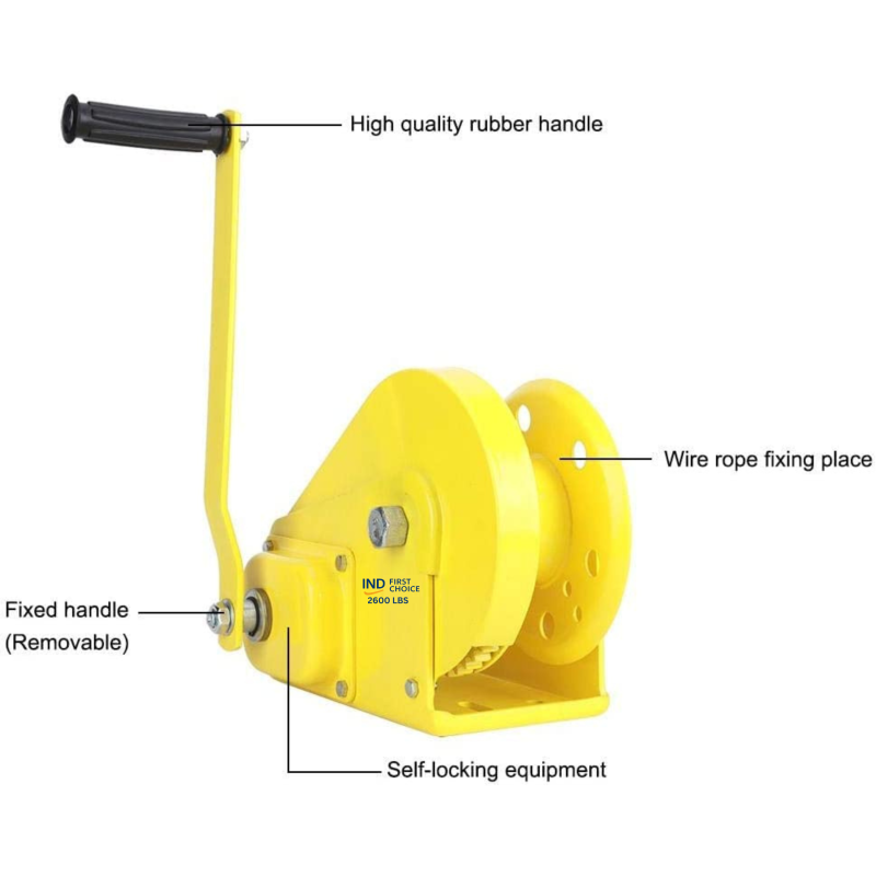 IND First Choice Manual Hand Winch, 2600 lbs Capacity, Self-Locking, High Quality Rubber Handle, Yellow